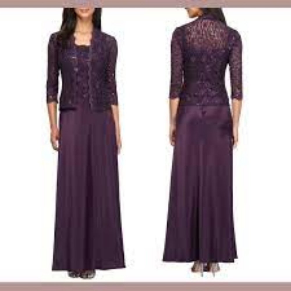 NWT ALEX EVENINGS WOMEN'S 2 PIECE DRESS WITH GLITTER LACE JACKET EGGPLANT 6P